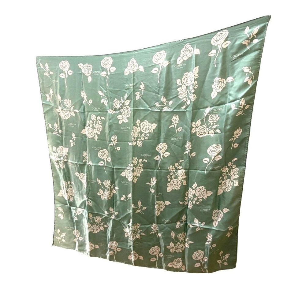 Godiva Chocolatier scarf vintage Green Cream Rose Silk feel Polyester 34in x 35